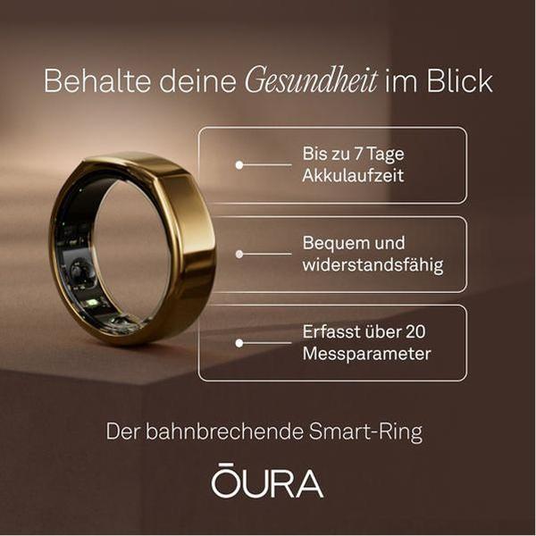 A minimalist, high-contrast ad creative for a smart ring that uses a clean layout to clearly list product benefits against a dark, premium background.